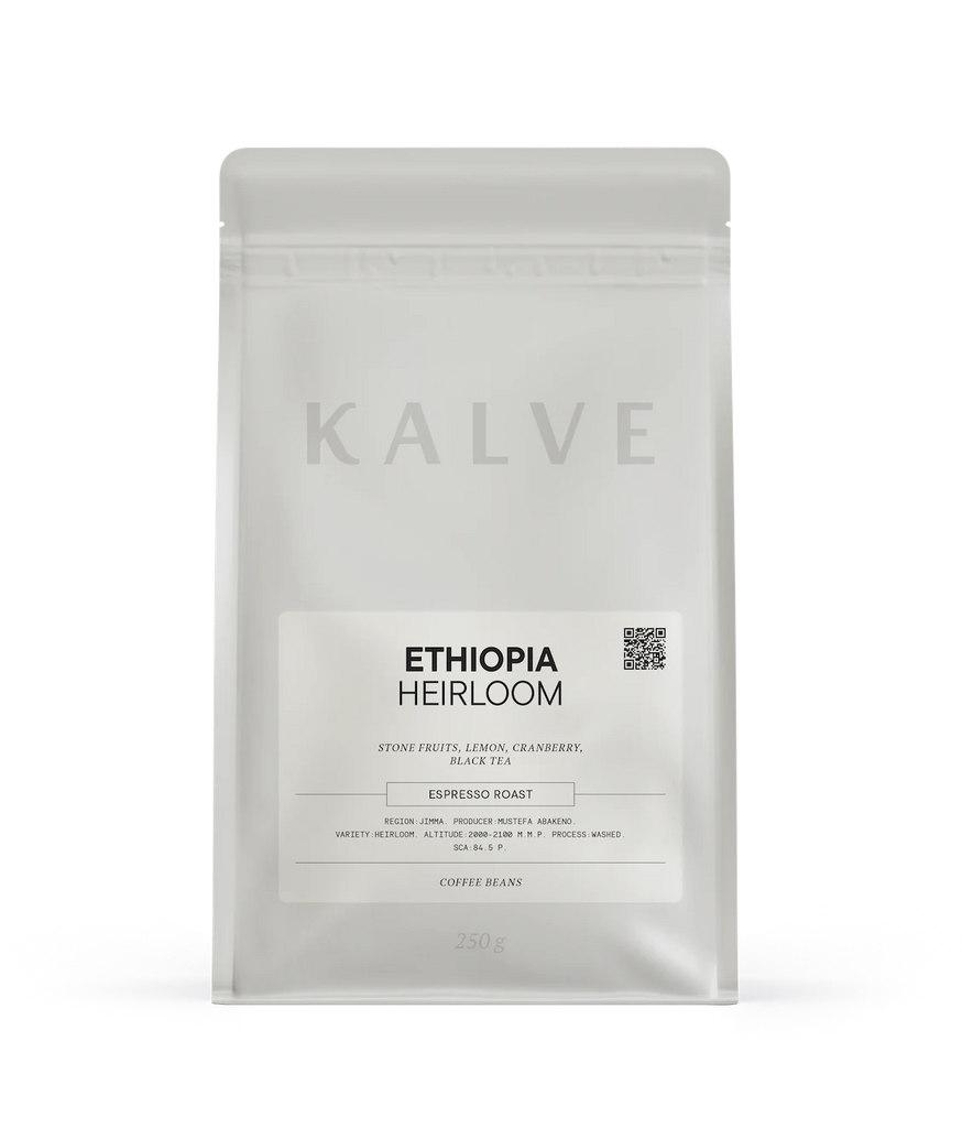 Gray KALVE coffee package of Ethiopia Heirloom espresso coffee beans