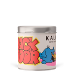 Coffee canister with colorful design and 'Kalve" branding on a white background