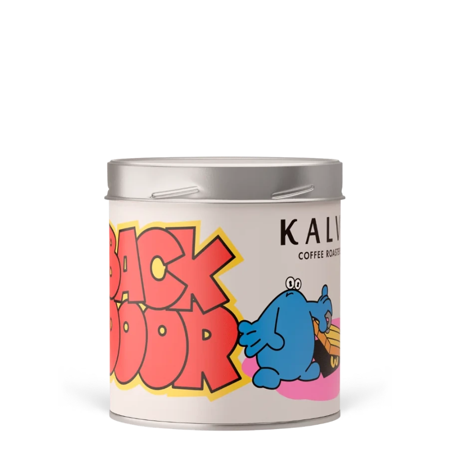 Coffee canister with colorful design and 'Kalve" branding on a white background