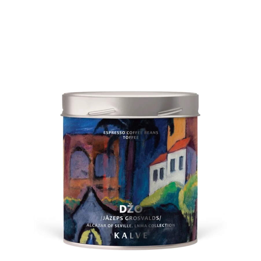Tin of Dzo Espresso Coffee Beans with artistic label on a white background