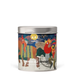 Coffee tin with colorful animal illustrations on a white background