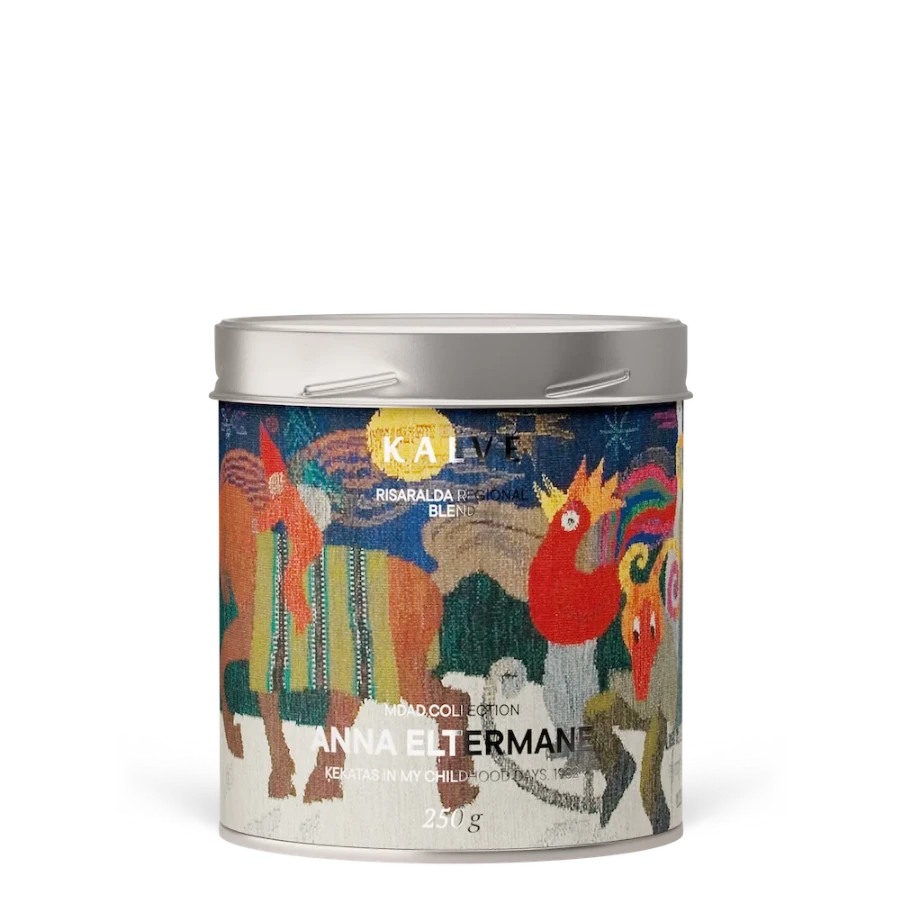 Coffee tin with colorful animal illustrations on a white background