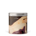 Coffee tin with a label featuring a woman and text on a white background