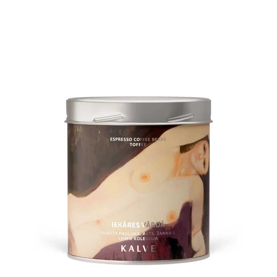 Coffee tin with a label featuring a woman and text on a white background