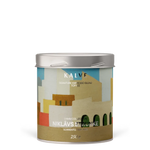 Coffee canister with colorful label on a white background