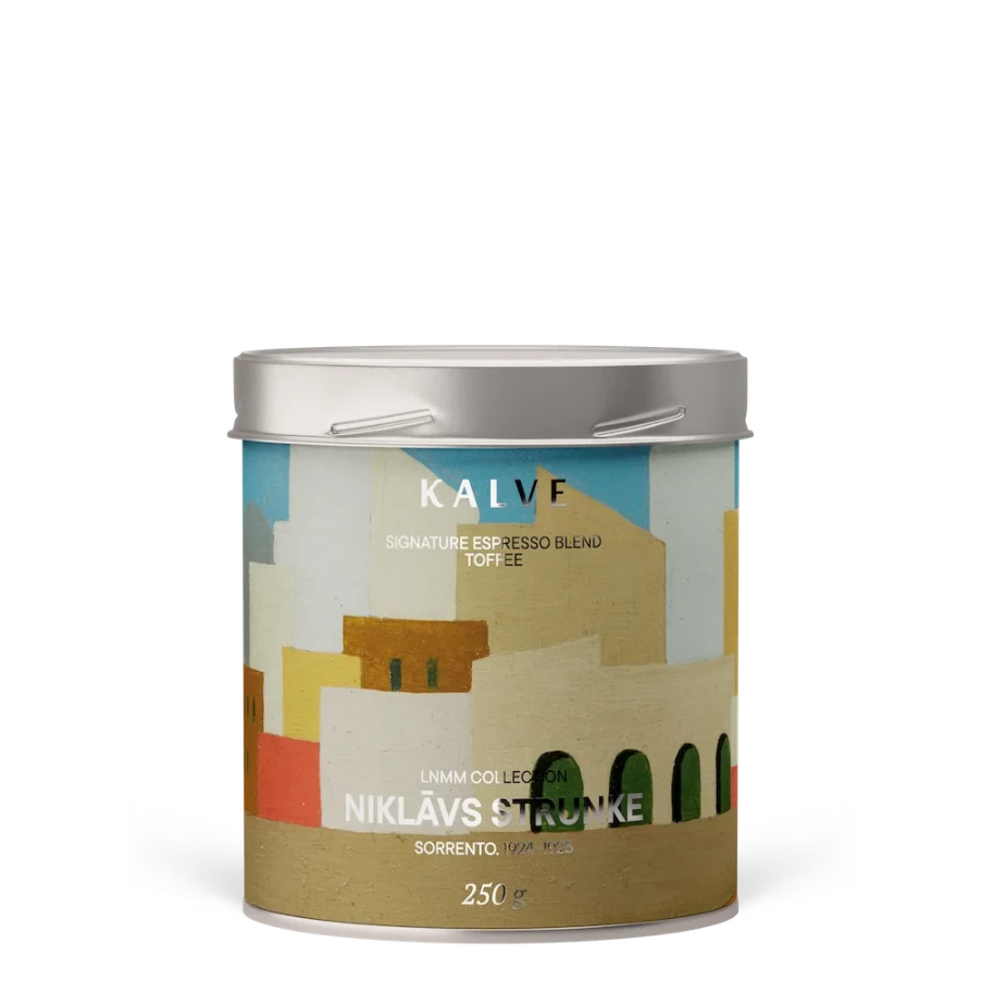 Coffee canister with colorful label on a white background