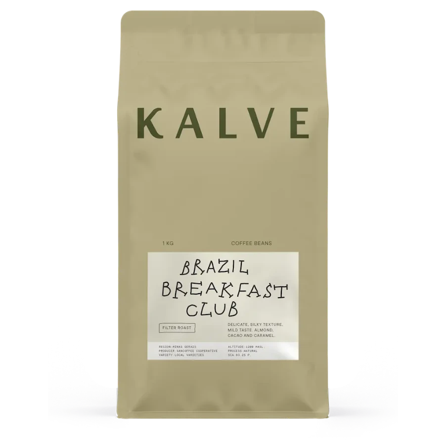 KALVE coffee package with 'Brazil Breakfast Club' text on a beige background