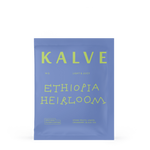 Blue coffee package with 'KALVE' branding and text on a white background