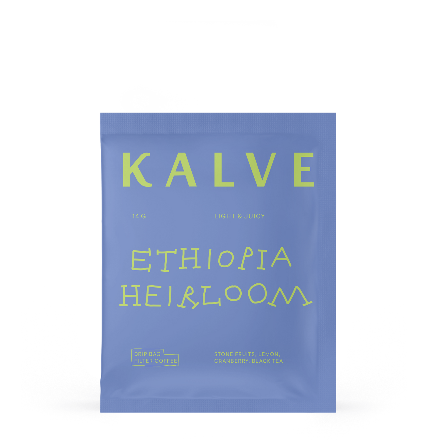 Blue coffee package with 'KALVE' branding and text on a white background