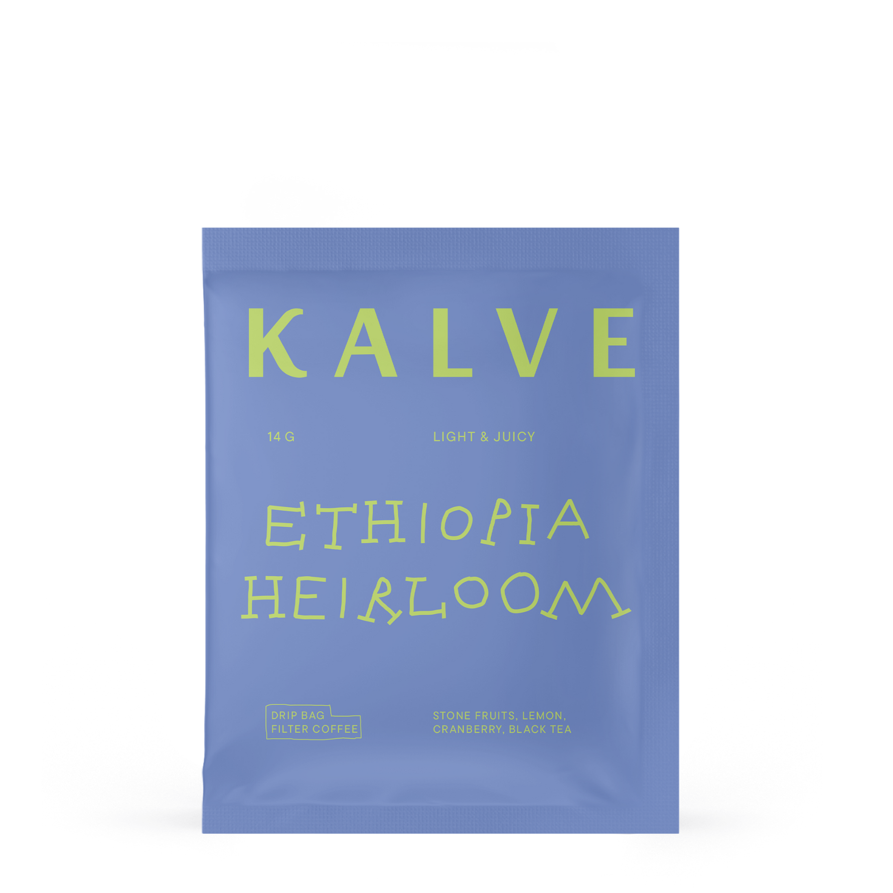 Blue coffee package with 'KALVE' branding and text on a white background