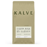 Coffee bag labeled 'KALVE' with 'Costa Rica El Cuzuco' on a white background