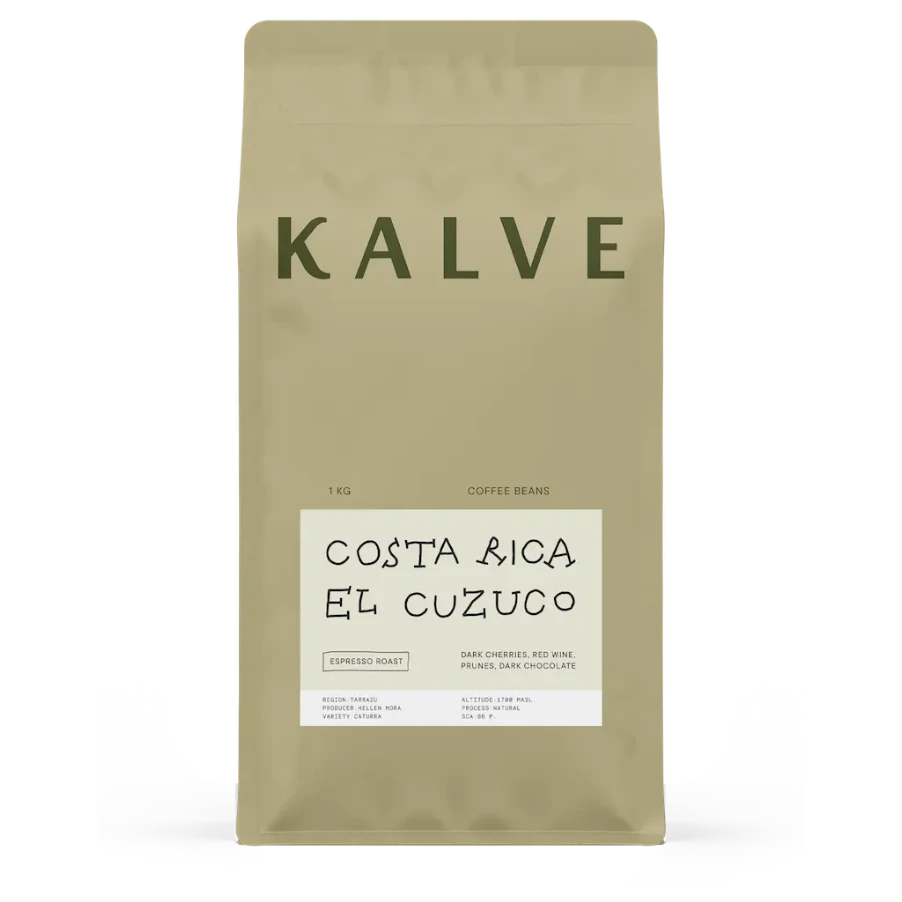 Coffee bag labeled 'KALVE' with 'Costa Rica El Cuzuco' on a white background