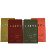 Four colorful packages of Kalve coffee with different product names on a white background