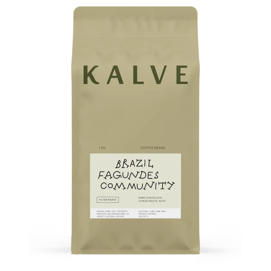 Coffee bean bag with 'KALVE' branding on a white background
