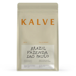 KALVE coffee package with 'Brazil Fazenda Sao Paulo' text on a beige background
