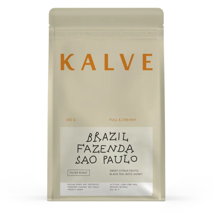 KALVE coffee package with 'Brazil Fazenda Sao Paulo' text on a beige background