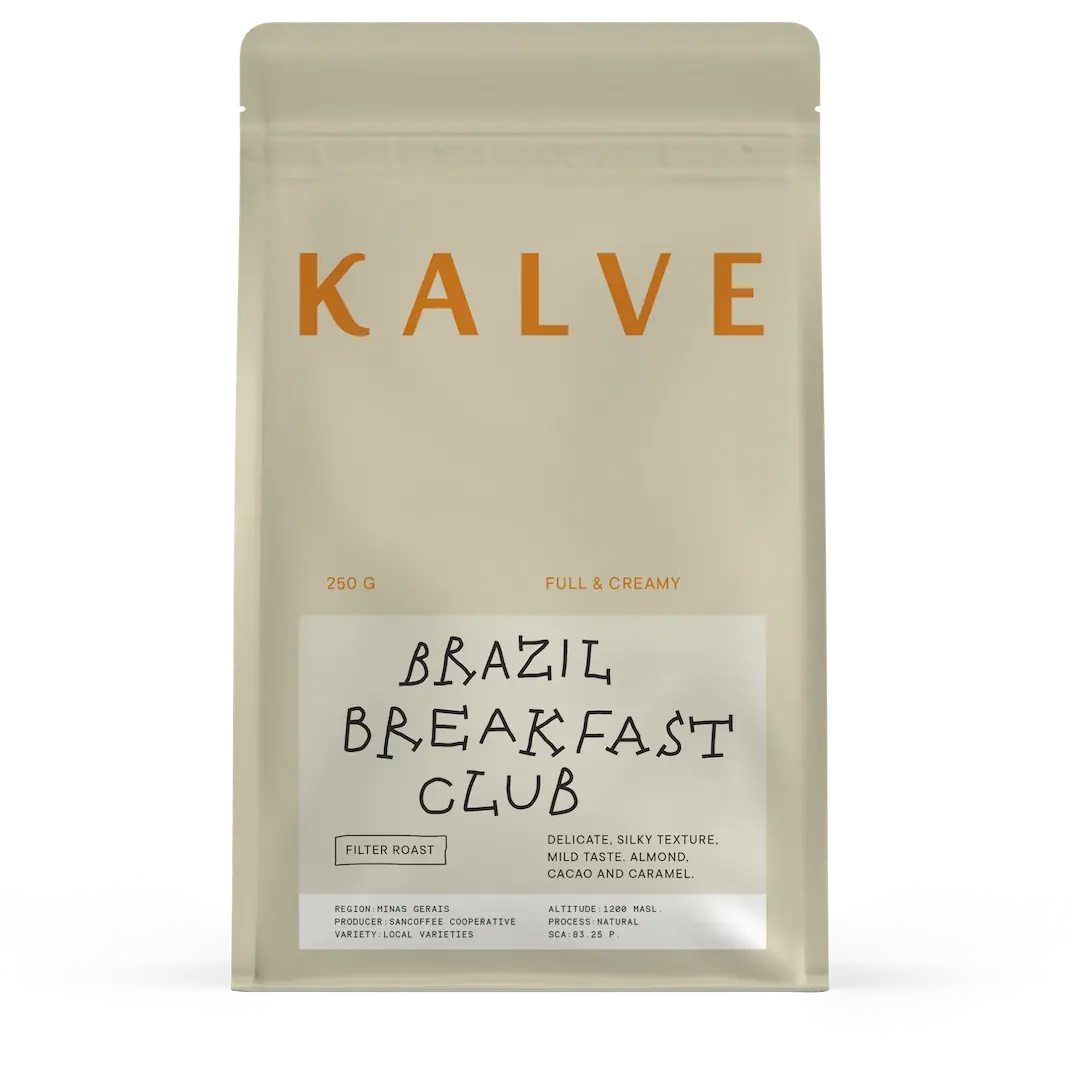 KALVE coffee package with 'Brazil Breakfast Club' text on a beige background