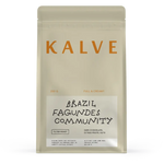 Coffee package with 'Kalve' branding labeled with Brazil, Fagundes Community on a white background