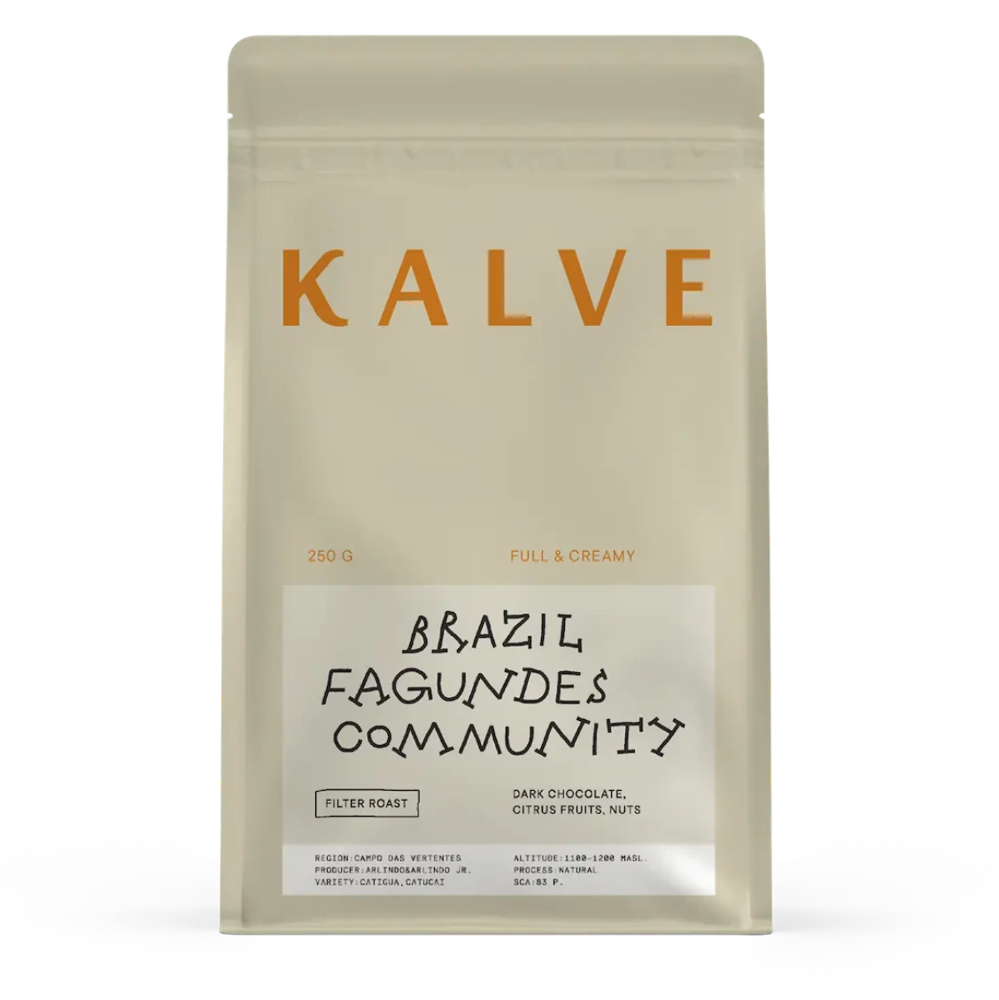 Coffee package with 'Kalve' branding labeled with Brazil, Fagundes Community on a white background