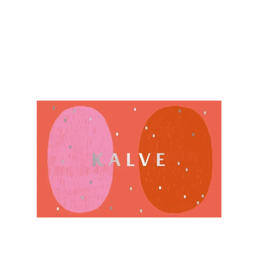 gift card with pink and orange colors on a red background, featuring the brand 'KALVE'.