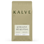 Coffee bag labeled 'Kalve Ethiopia Heirloom' on a white background