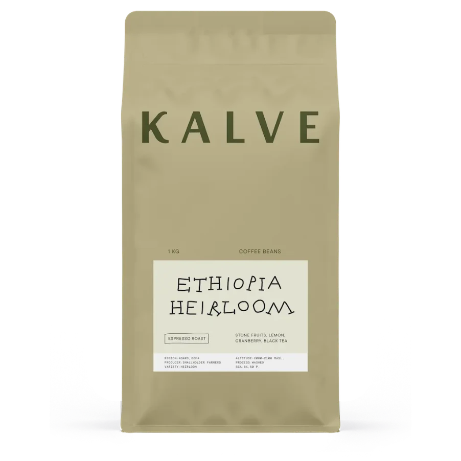 Coffee bag labeled 'Kalve Ethiopia Heirloom' on a white background