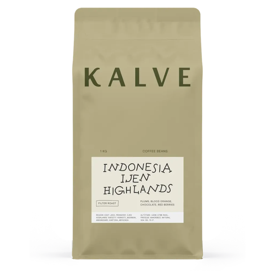 KALVE coffee beans packaging with 'Indonesia Ijen Highlands' label on a white background