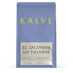 Blue coffee bag with 'KALVE' branding and text on a white background