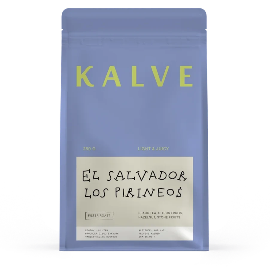 Blue coffee bag with 'KALVE' branding and text on a white background