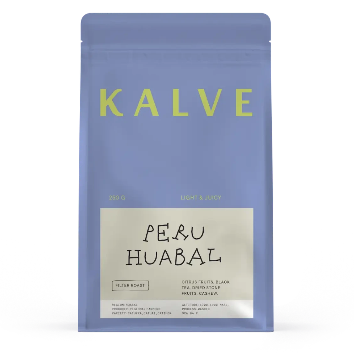 Coffee package labeled 'KALVE Peru Huabal' on a white background