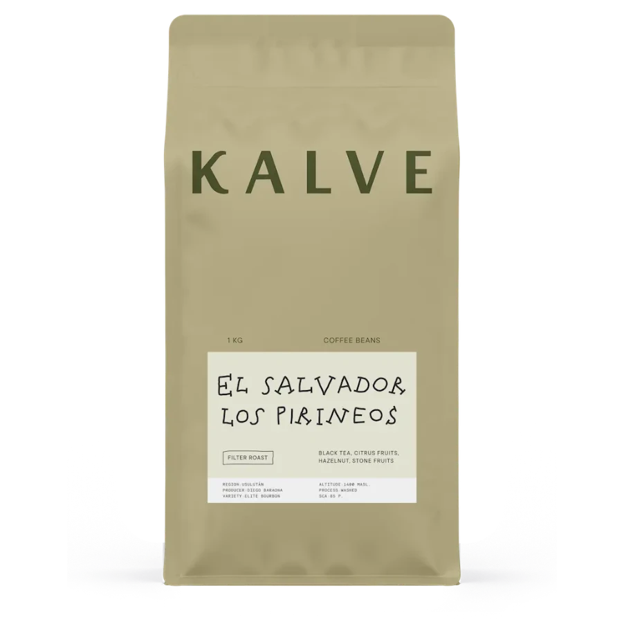 KALVE coffee package with 'El Salvador Los Pirineos' label on a white background
