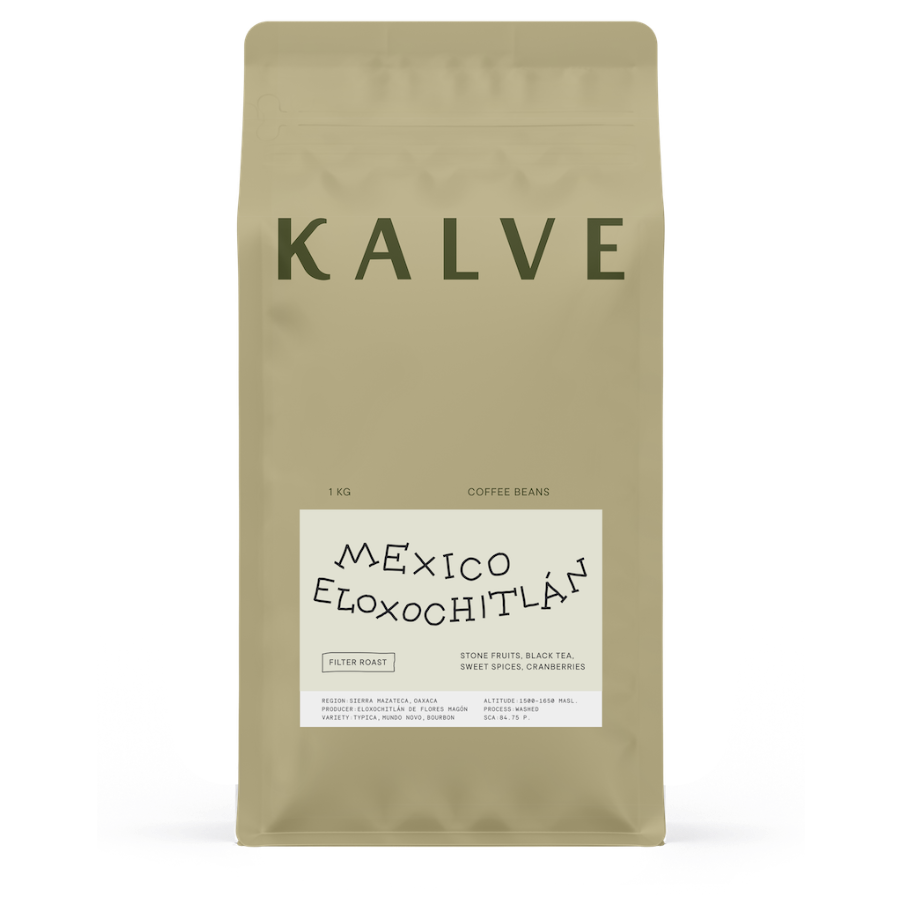 KALVE coffee beans packaging with 'Mexico Eloxochitlón' label on a white background