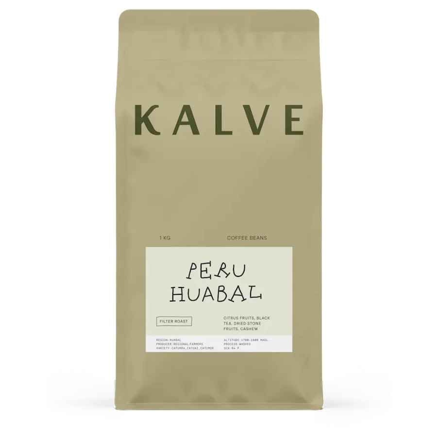 KALVE coffee beans package with 'PERU HUABAL' label on a white background