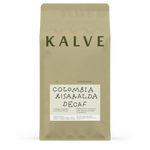 Coffee bag labeled 'Kalve' with 'Colombia Bisaralda Decaf' on a white background