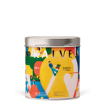 Colorful tin container with artistic design on a white background
