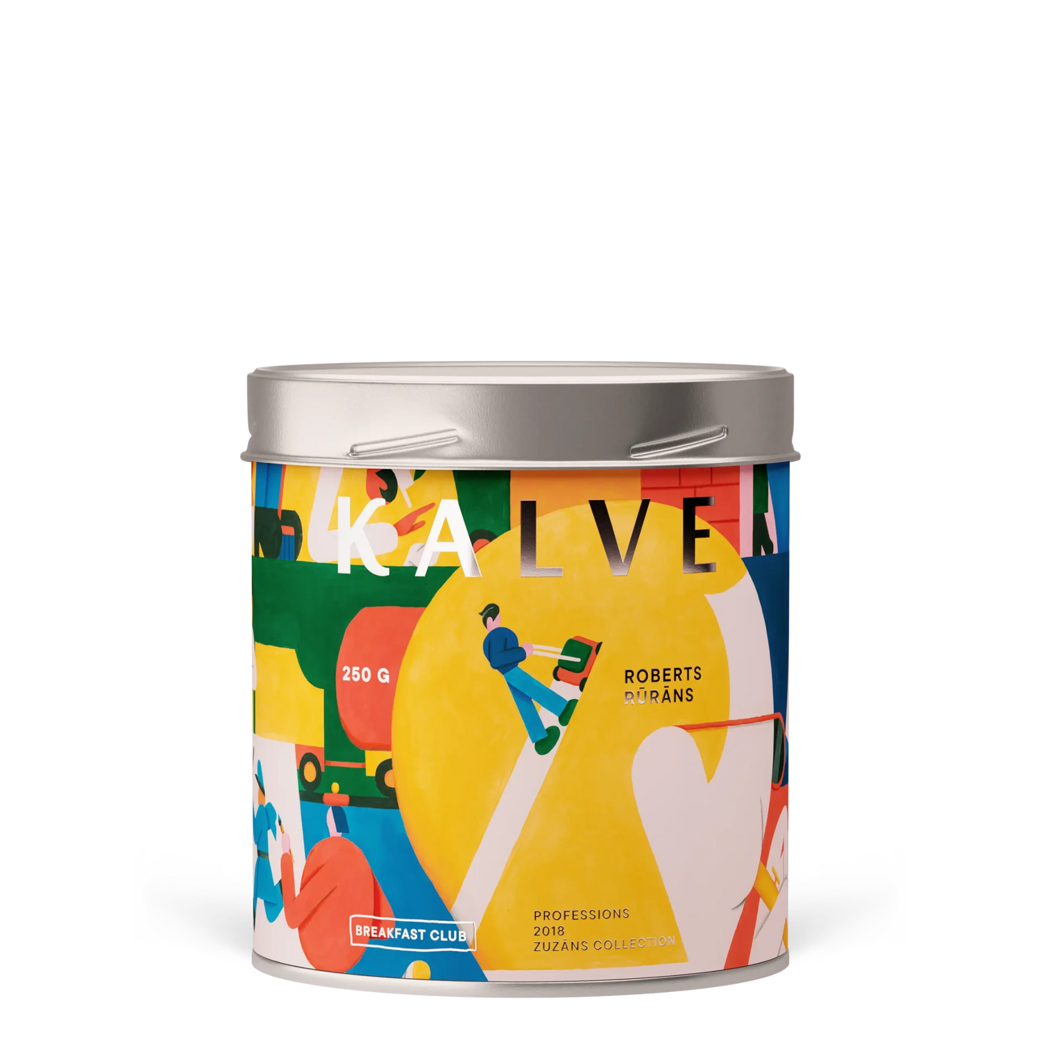 Colorful tin container with artistic design on a white background