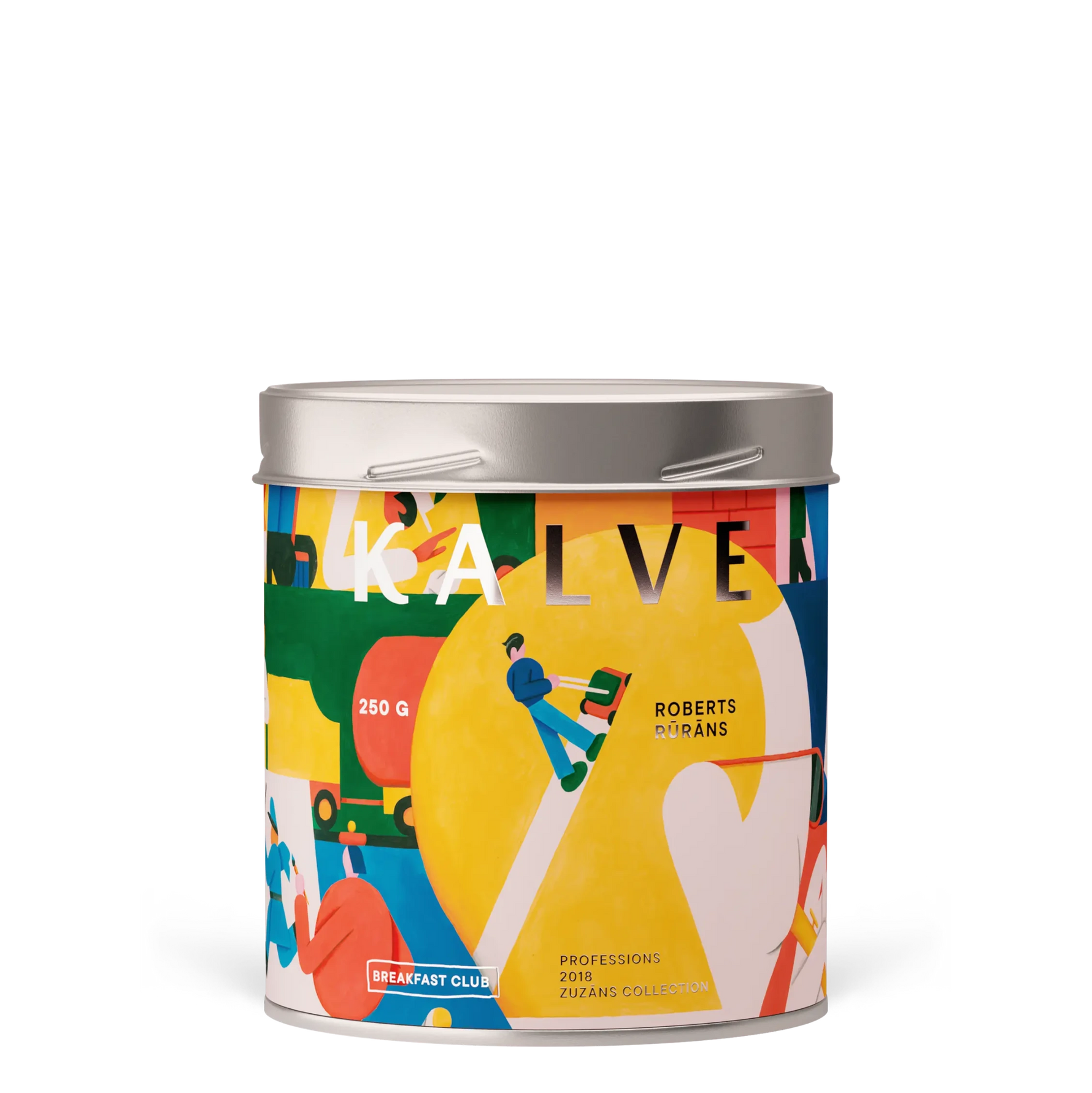 Colorful tin container with artistic design on a white background