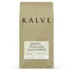 KALVE coffee bean package with 'Brazil Fazenda Samambaia' on a beige background
