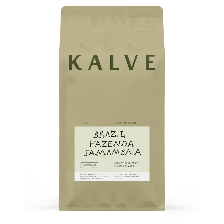KALVE coffee bean package with 'Brazil Fazenda Samambaia' on a beige background