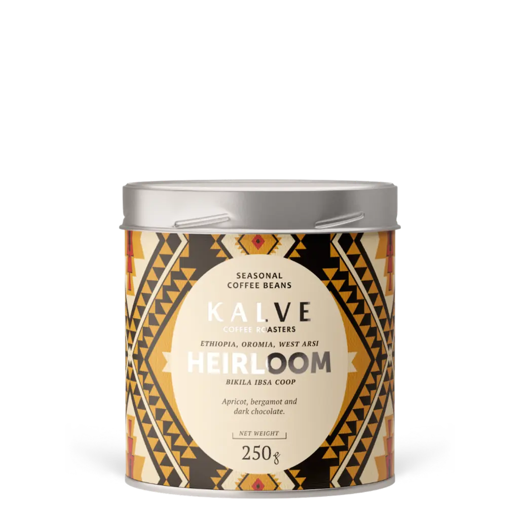 KALVE coffee canister with decorative label on a white background