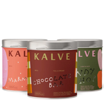 Three Kalve signature espresso tins in different flavors on a white background
