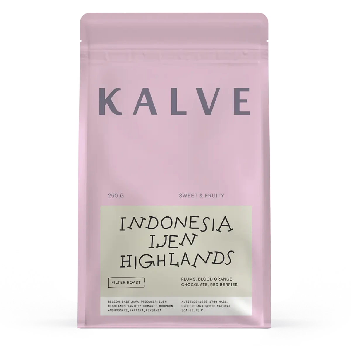 Pink coffee package with 'Kalve' branding and text on a white background