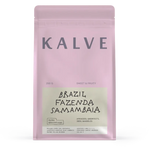 Pink coffee bag with 'Kalve' branding and text on a white background