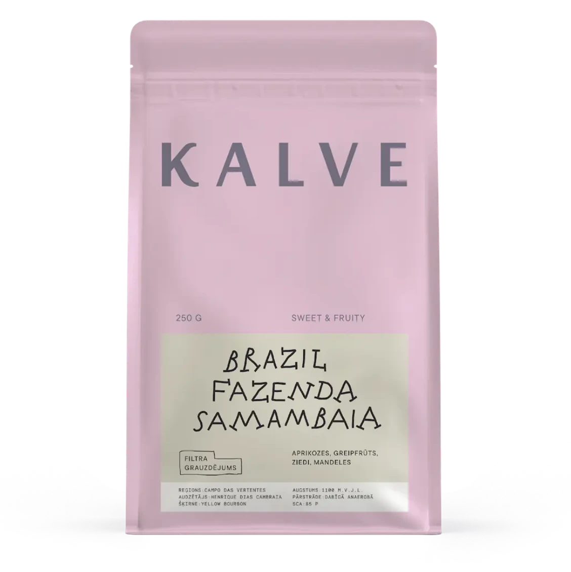 Pink coffee bag with 'Kalve' branding and text on a white background