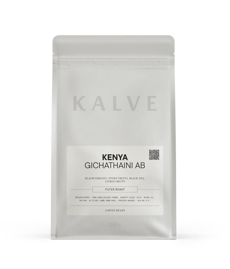 Gray KALVE coffee package of Kenya Gichathaini AB coffee beans