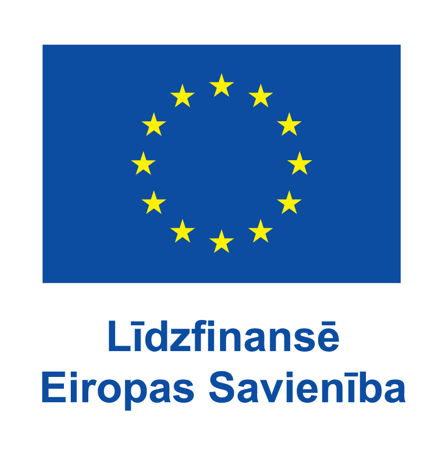 European Union flag with yellow stars and text in Latvian on a white background