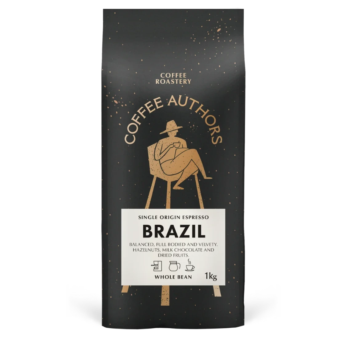 Coffee bag labeled 'Coffee Authors' with a person in a chair design on a black background.