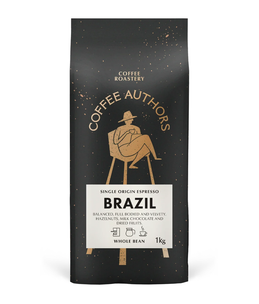 Coffee bag labeled 'Coffee Authors' with a person in a chair design on a black background.