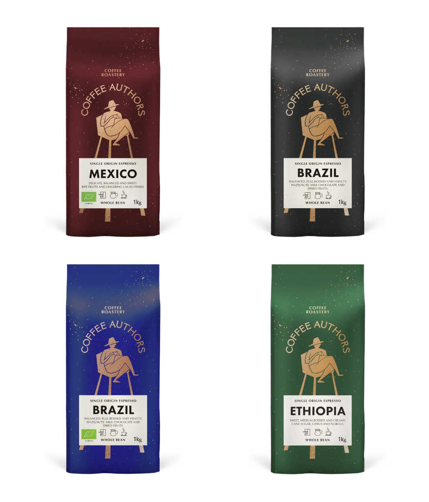 Four coffee bags from Coffee Authors with labels for Mexico, Brazil, and Ethiopia.
