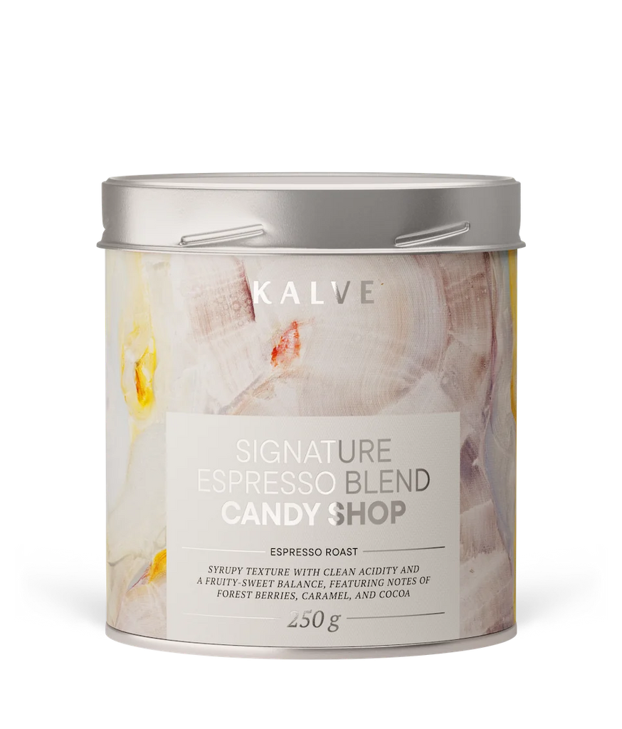 KALVE signature espresso blend candy shop tin with artwork of Paula Zariņa-Zēmane